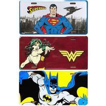 Kit 3 Placas Liga da Justiça SUPERMAN BATMAN MULHER MARAVILHA em Metal c/ Relevo - Decorativa