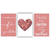 Kit 3 Placas Quadros 20X30 Coração Rose Escrito Branco