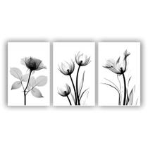 Kit 3 Placas Quadros 20X30 Flores Tons De Cinza Preto Branco