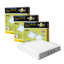 KIT 3 Plafon Sobrepor Quadrado Alumínio Branco Com Led 12w