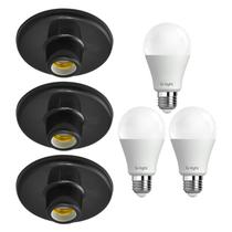 Kit 3 Plafonier Plafon Soquete E27 Preto Com 3 Lâmpada Led 6,5W Autovolt Cor Da Luz Branca P/ Sala Quarto Cozinha