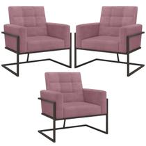 kit 3 Poltronas Base de metal para Manicure Sala de Estar Decorativa Cadeira Estofada Resistente Escritório Recepção
