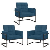 kit 3 Poltronas Base de metal para Recepção Sala de Estar Decorativa Cadeira Estofada Resistente Escritório Manicure