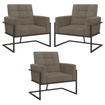 kit 3 Poltronas Base de metal para Sala de Estar Decorativa Cadeira Estofada Resistente Escritório Recepção Manicure