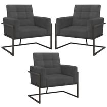 kit 3 Poltronas Base de metal para Sala de Estar Decorativa Cadeira Estofada Resistente Escritório Recepção Manicure