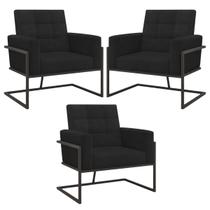 kit 3 Poltronas Base de metal para Sala de Estar Decorativa Cadeira Estofada Resistente Escritório Recepção Manicure