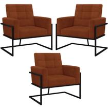 kit 3 Poltronas Base de metal para Sala de Estar Decorativa Cadeira Estofada Resistente Escritório Recepção Manicure