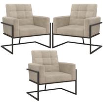 kit 3 Poltronas Base de metal para Sala Escritório de Estar Decorativa Cadeira Estofada Resistente Recepção Manicure