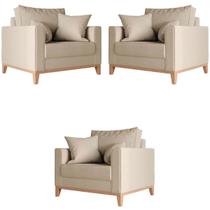 Kit 3 Poltronas Beny Base em Madeira Maciça Recepção Linho Bege Kimi Design Kit 3 Poltronas Beny Base em Madeira Maciça Recepção Linho Bege Kimi Design