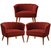 Kit 3 Poltronas Decor para Sala de Estar Acomchegante Pés de Madeira Tecido Veludo Confortável