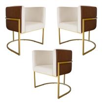 Kit 3 Poltronas Decorativa Cristal Base Gold Veludo Bege/Pu Caramelo - Montanaris Decor