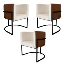 Kit 3 Poltronas Decorativa Cristal Base Preta Veludo Bege/Pu Caramelo - Montanaris Decor