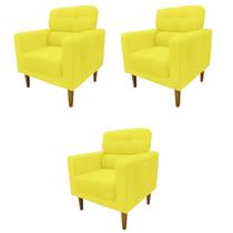 Kit 3 Poltronas Decorativa Luna Sala de Estar Suede Amarelo Kimi Design