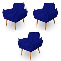 Kit 3 Poltronas Decorativa Opala Sala de Estar Tecido Suede Azul Marinho Kimi Decor