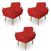 Kit 3 Poltronas Decorativa Opala Sala de Estar Tecido Suede Vermelho Kimi Decor
