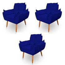 Kit 3 Poltronas Decorativa Opala Sala de Estar Veludo Azul Marinho Kimi Decor