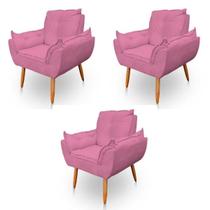 Kit 3 Poltronas Decorativa Opala Sala de Estar Veludo Rosa Kimi Decor