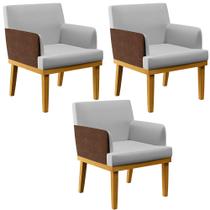 Kit 3 Poltronas Decorativa Para Sala De Estar Beatriz W01 Linho Cinza material sintético Marrom - Lyam Decor