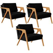 Kit 3 Poltronas Decorativa Para Sala Estar Pietra Estrutura De Madeira L02 Linho Chumbo - Lyam Decor