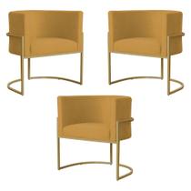 Kit 3 Poltronas Decorativa Sala de Estar Luana Base Gold Suede Mostarda - Montanaris Decor