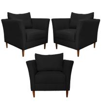 Kit 3 Poltronas Decorativa Sala de Estar Pés Palito Lubbock Couro Preto G58 - Gran Belo Kit 3 Poltronas Decorativa Sala de Estar Pés Palito Lubbock Couro Preto G58 - Gran Belo