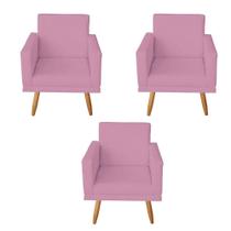 Kit 3 Poltronas Decorativas com Estrutura Madeira Maciça Pés Palito Nina Rosa Bebê Mafer