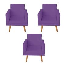 Kit 3 Poltronas Decorativas com Estrutura Madeira Maciça Pés Palito Nina Roxo Mafer