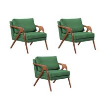 Kit 3 Poltronas Decorativas Mona Luxo Linho Verde Base Madeira Maciça