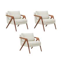 Kit 3 Poltronas Decorativas Mona Premium Base Madeira Maciça Linho Cru Kit 3 Poltronas Decorativas Mona Premium Base Madeira Maciça Linho Cru