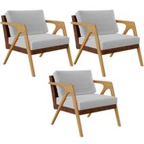 Kit 3 Poltronas Decorativas Para Sala De Estar Pietra L02 Sintético Marrom Linho Cinza - Lyam Decor