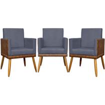 Kit 3 Poltronas Decorativas para Sala Material Sintético e Suede Cores Pé Palito