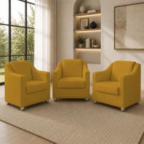 Kit 3 poltronas decorativas para sala mila suede mostarda pé de plástico - clique e decore Kit 3 poltronas decorativas para sala mila suede mostarda pé de plástico - clique e decore