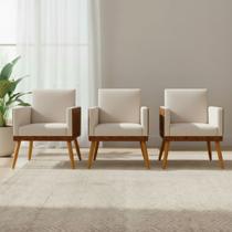 Kit 3 Poltronas Decorativas Para Sala Quarto Recepção Escritório Confortável Luxo Lis Tecido Sintético e Suede