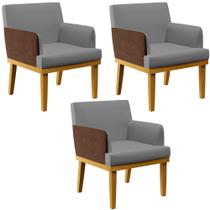 Kit 3 Poltronas Decorativas Sala Estar Beatriz W01 Linho Cinza Escuro material sintético Marrom - Lyam Decor