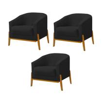 Kit 3 Poltronas Living Base em Madeira Maciça Flórida Veludo Preto Kit 3 Poltronas Living Base em Madeira Maciça Flórida Veludo Preto