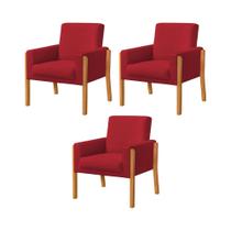 Kit 3 Poltronas Sala de Espera Pés em Madeira Santorini Veludo Vermelho