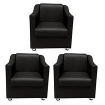Kit 3 Poltronas Sofia Decorativa Para Recepção Preta material sintético