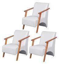 Kit 3 Poltronas Venus 1 Lugar Braço Madeira Maciça material sintético Unidecor Branco