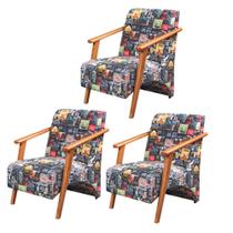 Kit 3 Poltronas Venus 1 Lugar Braço Madeira Maciça Tecido Suede Unidecor Retro Bar 107