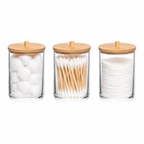 Kit 3 Porta Algodão Cotonete Pote Bambu Skin Care Maquiagem Limpeza Higiene Organizador Banheiro