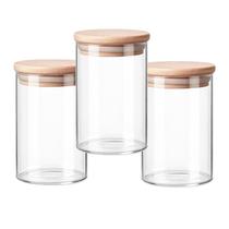 Kit 3 Porta Condimentos Multiuso Vidro Tampa Bambu 650ml Cozinha Lavanderia Escritório Pote Organizador