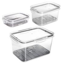 Kit 3 Porta Frios Potes Hermético Com Travas Cesto Escorredor 500ml 1,2 L e 4 L Alimentos Frutas Vegetais