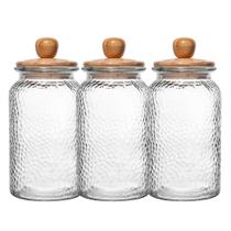 Kit 3 Porta Mantimento Pote de Vidro Martelado com Tampa de Bambu 1,3L Wolff