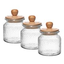 Kit 3 Porta Mantimento Pote de Vidro Martelado com Tampa de Bambu 640ml Wolff