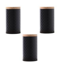 Kit 3 Porta Mantimento Potes Café Açúcar Lata de Metal Bambu Kit 3 Porta Mantimento Potes Café Açúcar Lata de Metal Bambu