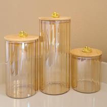 Kit 3 Porta Mantimento Vidro Canelado, Potes Organizadores , Porta Condimentos, Potes de Vidro Hermetico com Tampa de Bambu, Potes de Vidro para Cozin