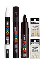 Kit 3 Posca Branca, Preta PC-5M e PC-7M Preta + Refil