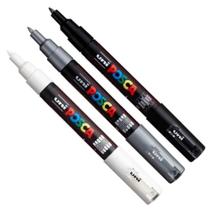 Kit 3 Posca PC-1M Preta, Prata, Branca Extra Fina 0.7mm Uni