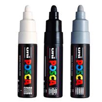Kit 3 Posca PC-7M Preta, Branca, Cinza 4.5-5.5mm Uni-ball