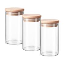 Kit 3 Pote Cozinha Vidro 1250ml Recipiente Tampa de Bambu Cozinha Frasco Organizador Café Decorativo